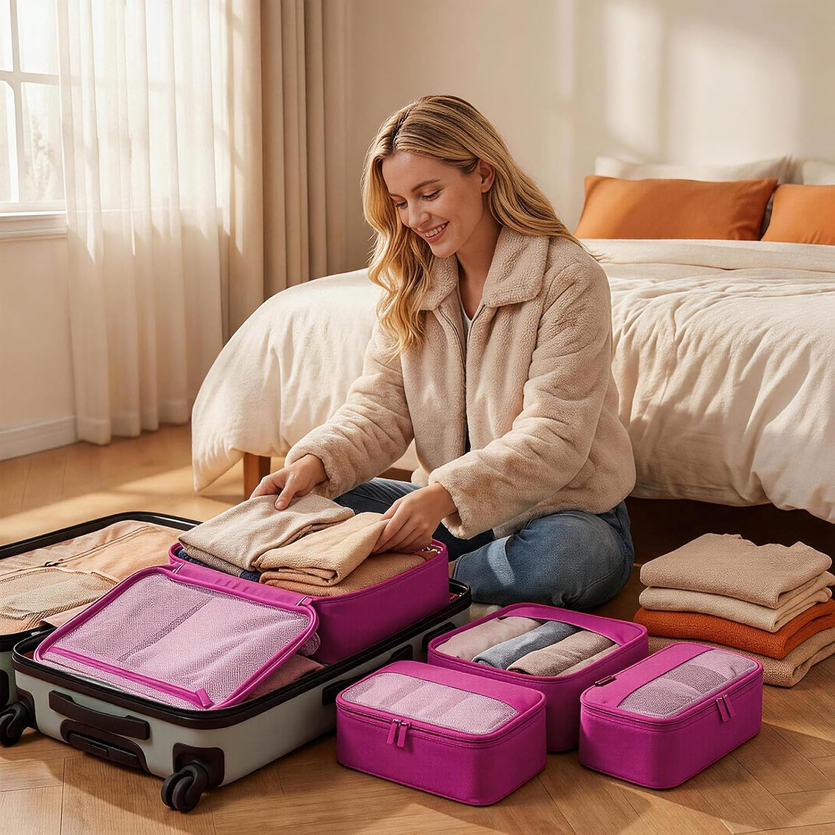 4 Piece Compression Packing Cubes for 3–7 Day Travel, Light Green | Wrinkle-Resistant Memory Fabric, Breathable Mesh Panel, Double-Zipper, Small to Large Size Bag, Smart Organization
