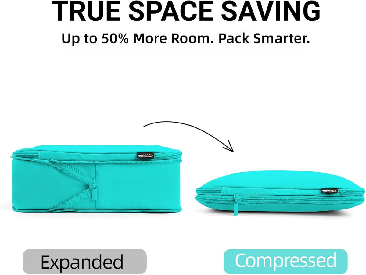 4 Piece Compression Packing Cubes for 3–7 Day Travel, Light Green | Wrinkle-Resistant Memory Fabric, Breathable Mesh Panel, Double-Zipper, Small to Large Size Bag, Smart Organization