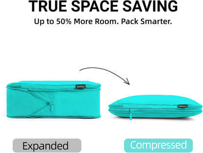 4 Piece Compression Packing Cubes for 3–7 Day Travel, Light Green | Wrinkle-Resistant Memory Fabric, Breathable Mesh Panel, Double-Zipper, Small to Large Size Bag, Smart Organization