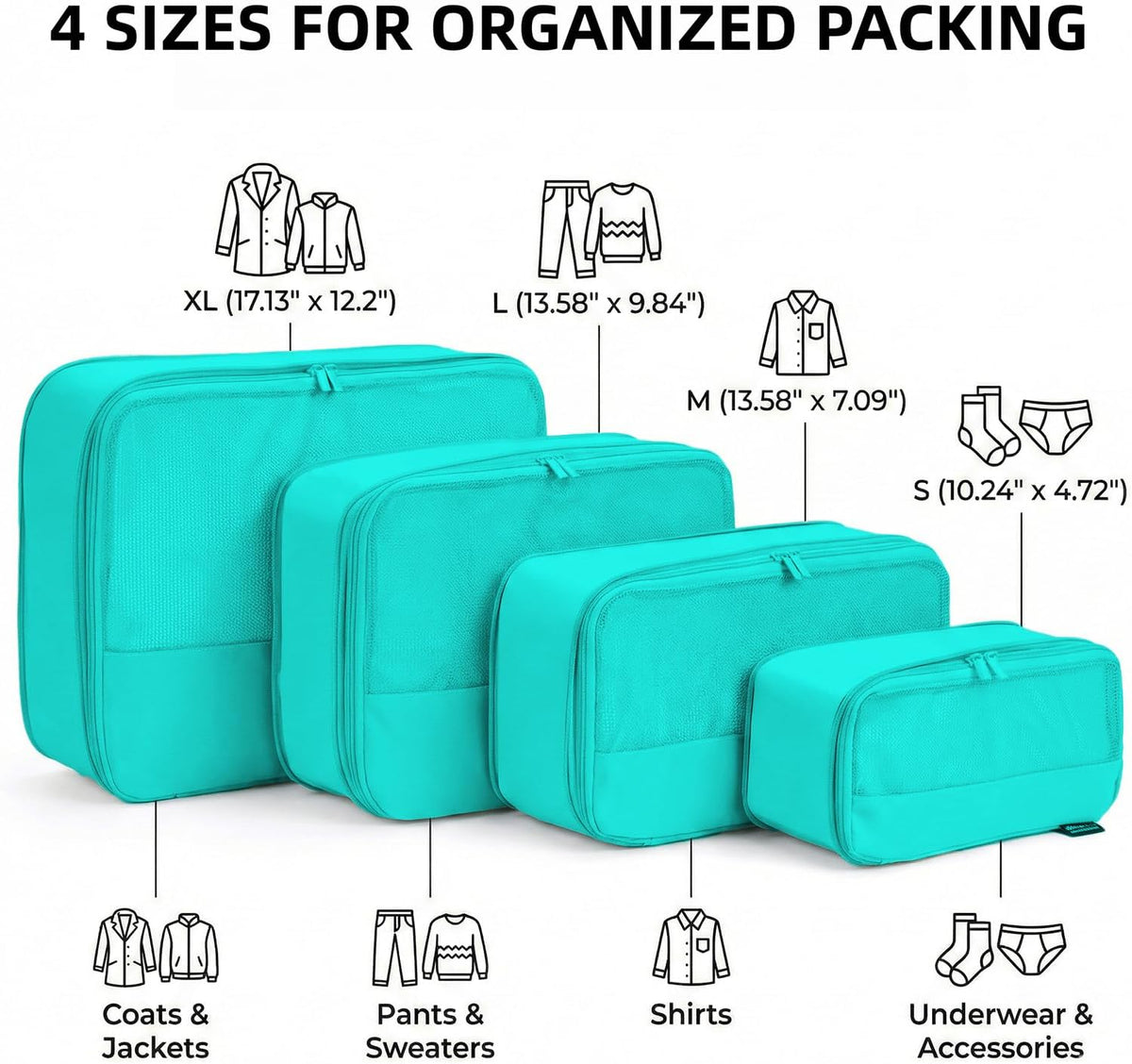4 Piece Compression Packing Cubes for 3–7 Day Travel, Light Green | Wrinkle-Resistant Memory Fabric, Breathable Mesh Panel, Double-Zipper, Small to Large Size Bag, Smart Organization