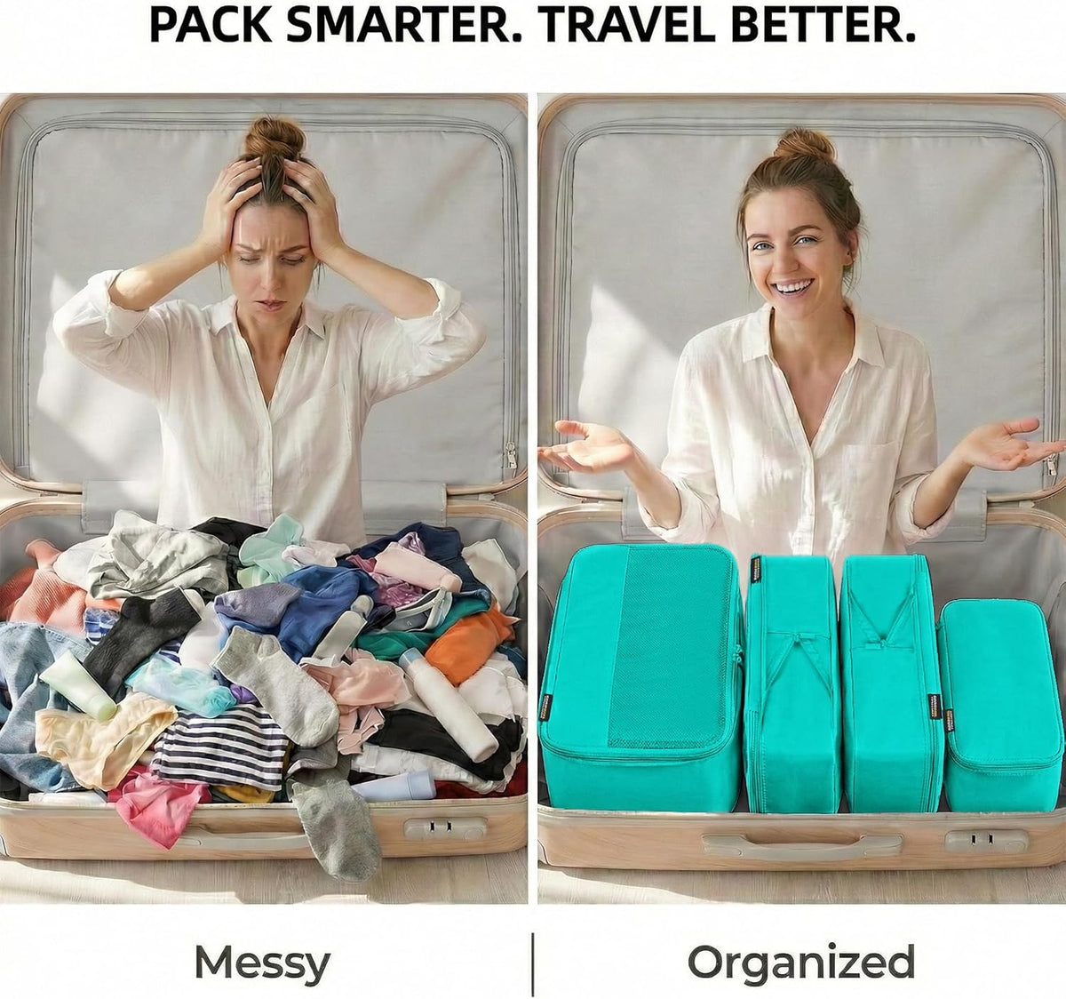 4 Piece Compression Packing Cubes for 3–7 Day Travel, Light Green | Wrinkle-Resistant Memory Fabric, Breathable Mesh Panel, Double-Zipper, Small to Large Size Bag, Smart Organization
