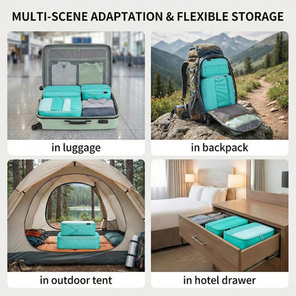 4 Piece Compression Packing Cubes for 3–7 Day Travel, Light Green | Wrinkle-Resistant Memory Fabric, Breathable Mesh Panel, Double-Zipper, Small to Large Size Bag, Smart Organization