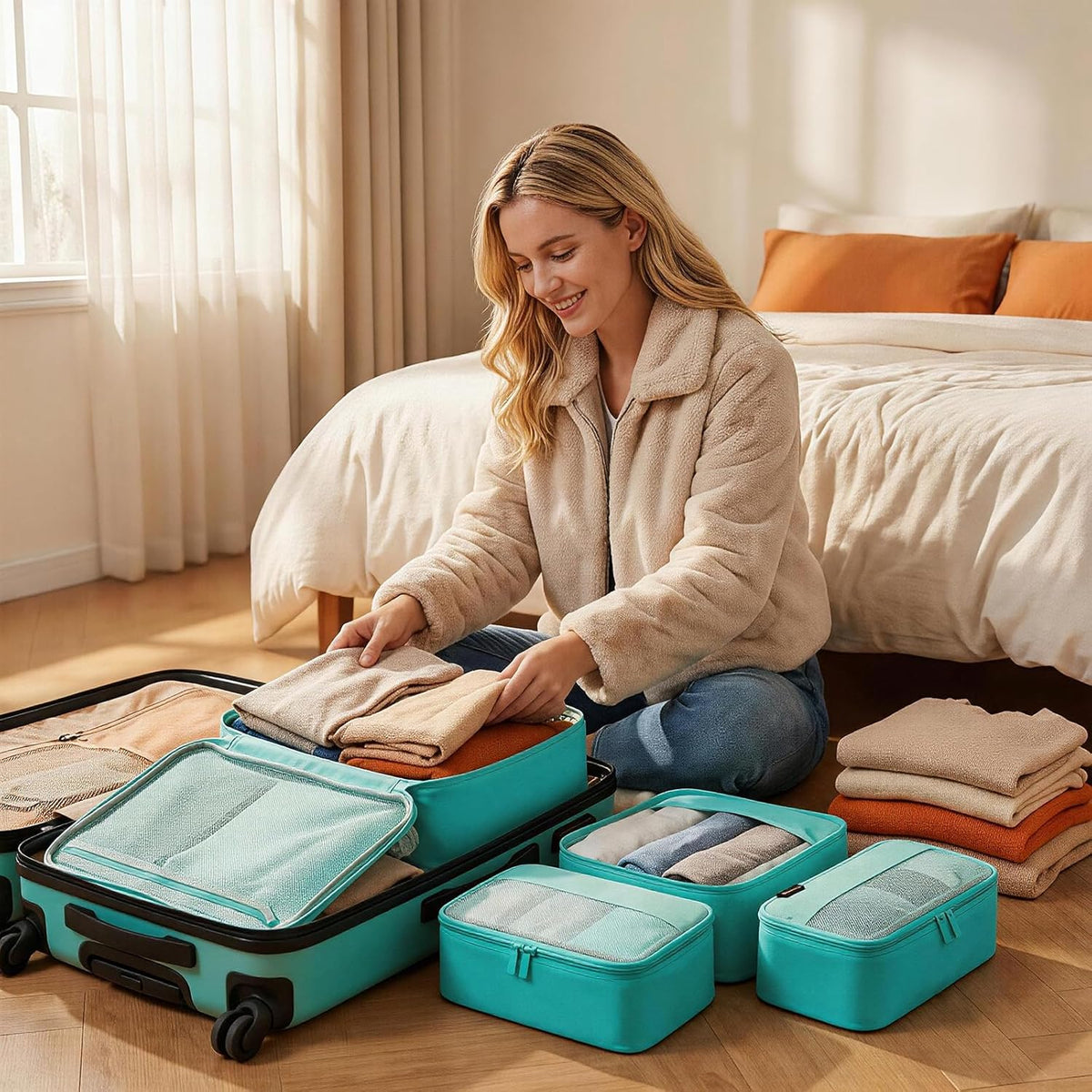 4 Piece Compression Packing Cubes for 3–7 Day Travel, Light Green | Wrinkle-Resistant Memory Fabric, Breathable Mesh Panel, Double-Zipper, Small to Large Size Bag, Smart Organization