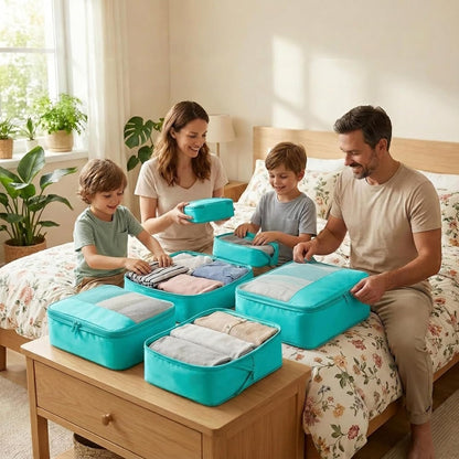 4 Piece Compression Packing Cubes for 3–7 Day Travel, Light Green | Wrinkle-Resistant Memory Fabric, Breathable Mesh Panel, Double-Zipper, Small to Large Size Bag, Smart Organization