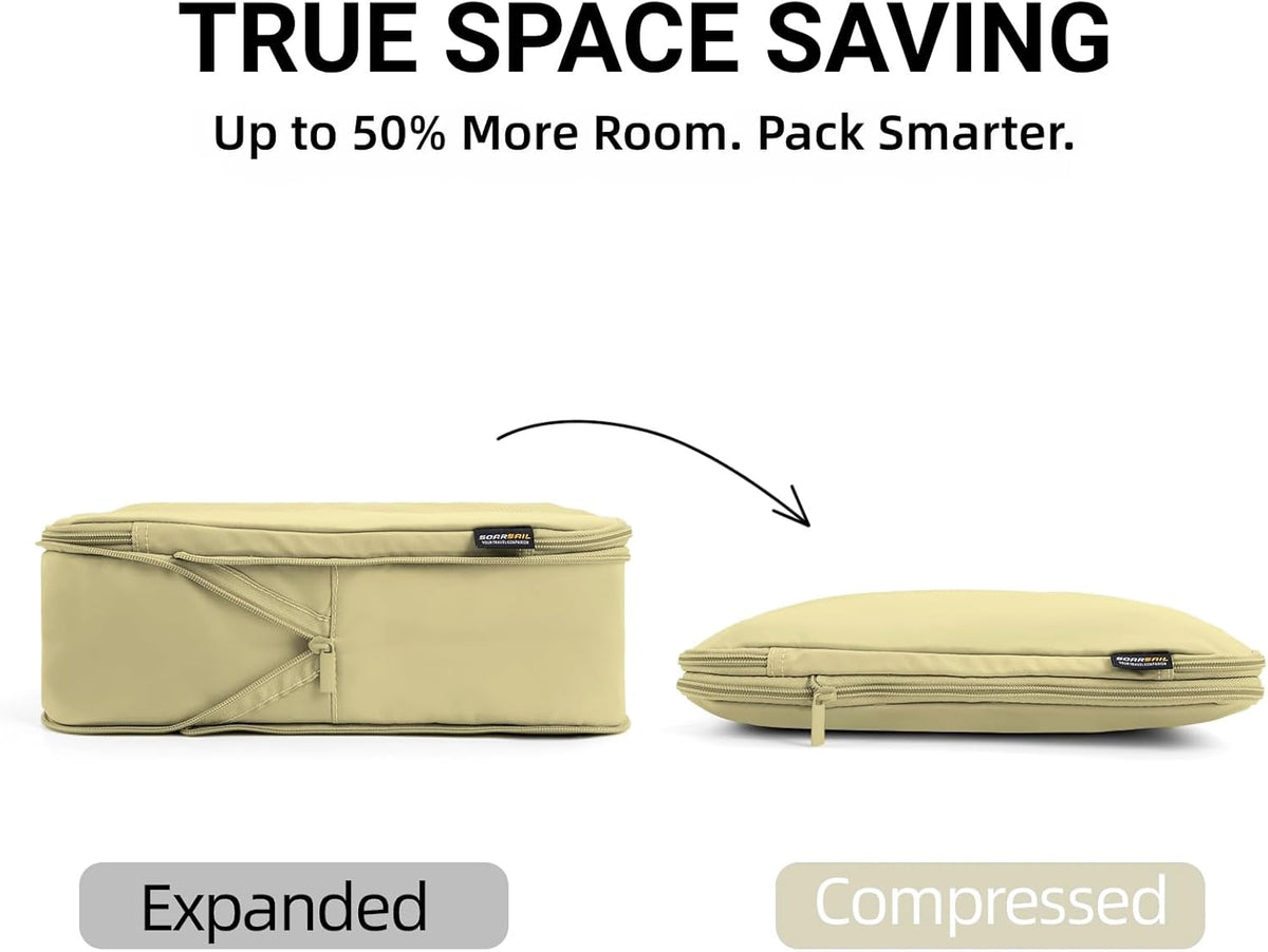 4 Piece Compression Packing Cubes for 3–7 Day Travel, Light Green | Wrinkle-Resistant Memory Fabric, Breathable Mesh Panel, Double-Zipper, Small to Large Size Bag, Smart Organization