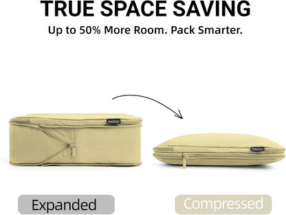 4 Piece Compression Packing Cubes for 3–7 Day Travel, Light Green | Wrinkle-Resistant Memory Fabric, Breathable Mesh Panel, Double-Zipper, Small to Large Size Bag, Smart Organization