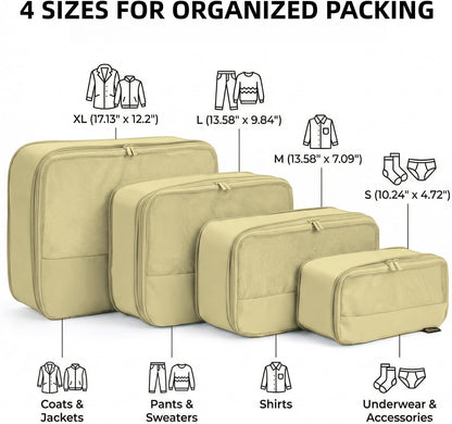 4 Piece Compression Packing Cubes for 3–7 Day Travel, Light Green | Wrinkle-Resistant Memory Fabric, Breathable Mesh Panel, Double-Zipper, Small to Large Size Bag, Smart Organization