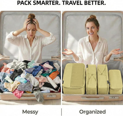 4 Piece Compression Packing Cubes for 3–7 Day Travel, Light Green | Wrinkle-Resistant Memory Fabric, Breathable Mesh Panel, Double-Zipper, Small to Large Size Bag, Smart Organization