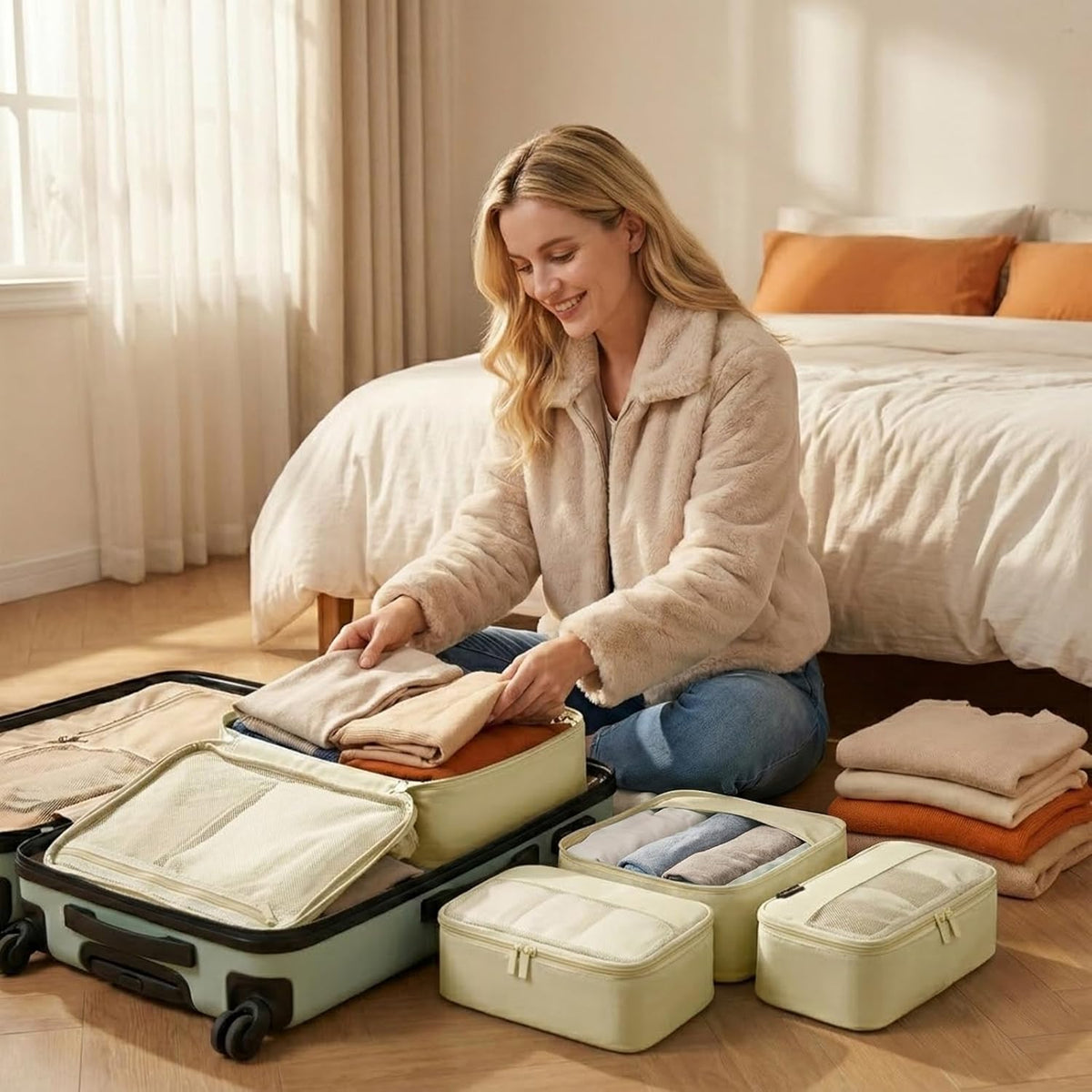 4 Piece Compression Packing Cubes for 3–7 Day Travel, Light Green | Wrinkle-Resistant Memory Fabric, Breathable Mesh Panel, Double-Zipper, Small to Large Size Bag, Smart Organization
