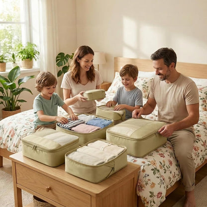 4 Piece Compression Packing Cubes for 3–7 Day Travel, Light Green | Wrinkle-Resistant Memory Fabric, Breathable Mesh Panel, Double-Zipper, Small to Large Size Bag, Smart Organization