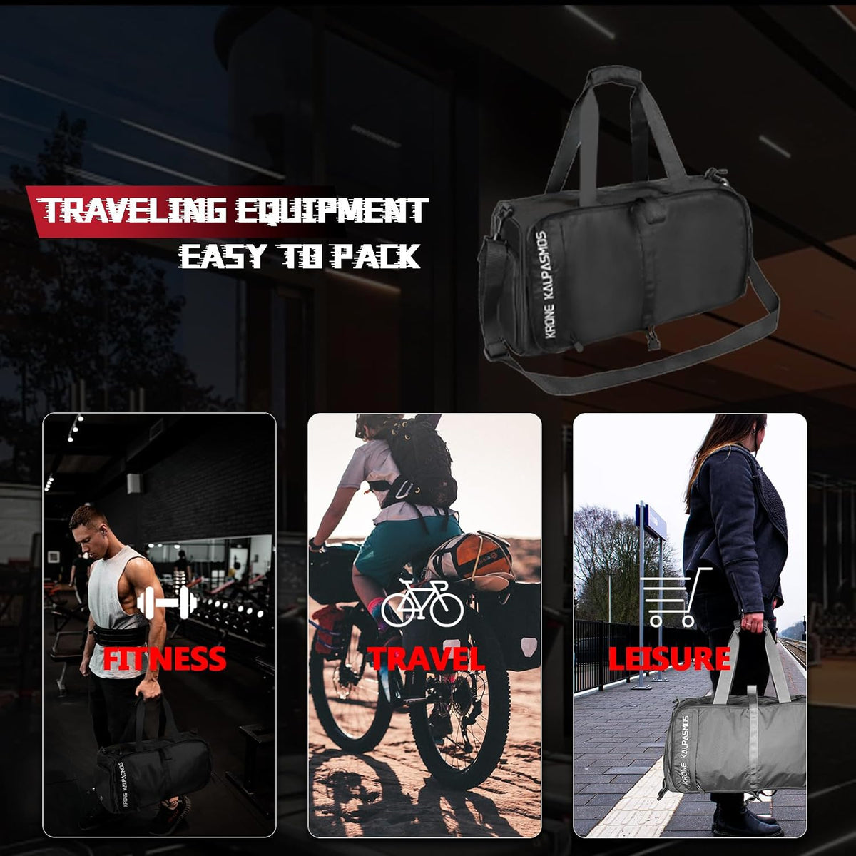 Gym Bag with Shoe Compartment – Packable Duffle Bag, Small Gym Bag for Women and Men, Foldable Waterproof Sports Duffel for Travel, Workout, and Sneakers, Grey