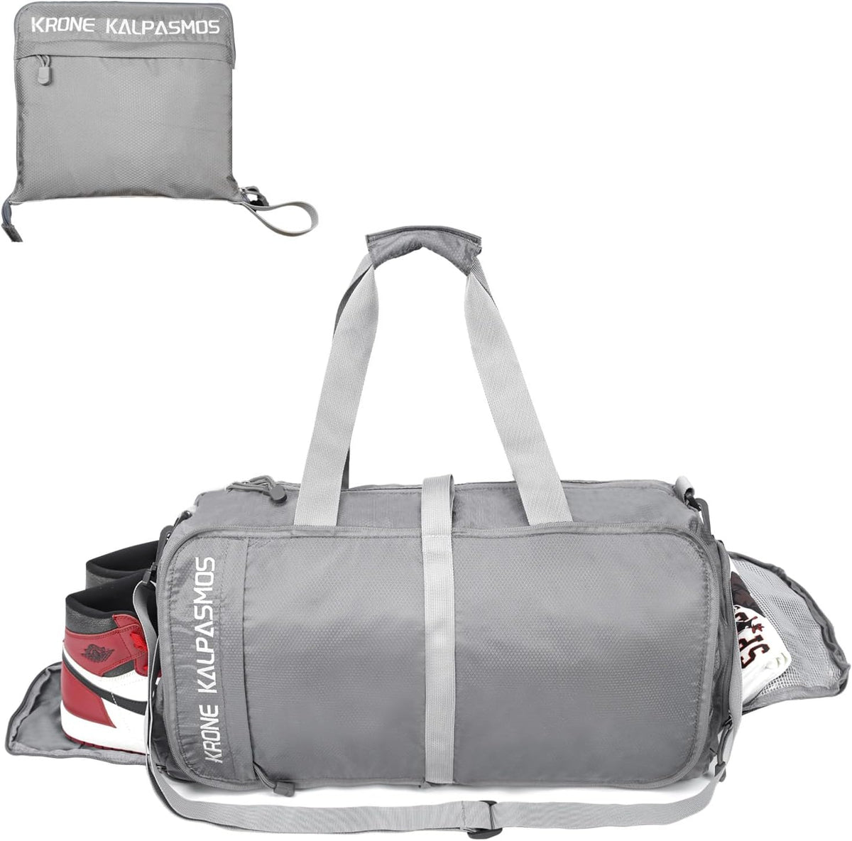Gym Bag with Shoe Compartment – Packable Duffle Bag, Small Gym Bag for Women and Men, Foldable Waterproof Sports Duffel for Travel, Workout, and Sneakers, Grey