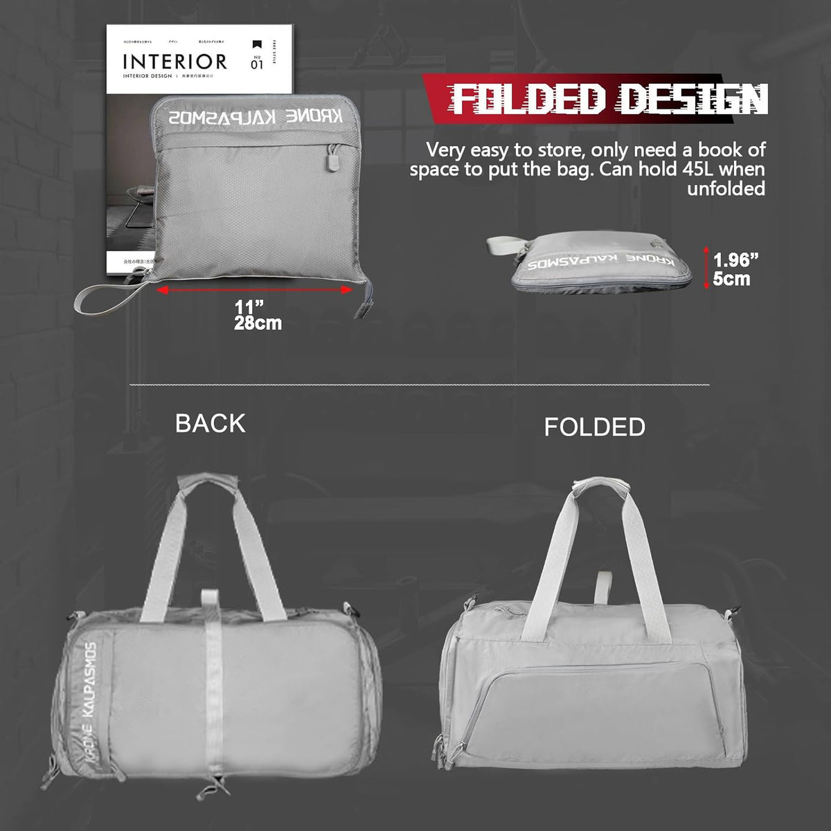 Gym Bag with Shoe Compartment – Packable Duffle Bag, Small Gym Bag for Women and Men, Foldable Waterproof Sports Duffel for Travel, Workout, and Sneakers, Grey