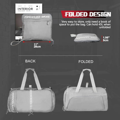 Gym Bag with Shoe Compartment – Packable Duffle Bag, Small Gym Bag for Women and Men, Foldable Waterproof Sports Duffel for Travel, Workout, and Sneakers, Grey