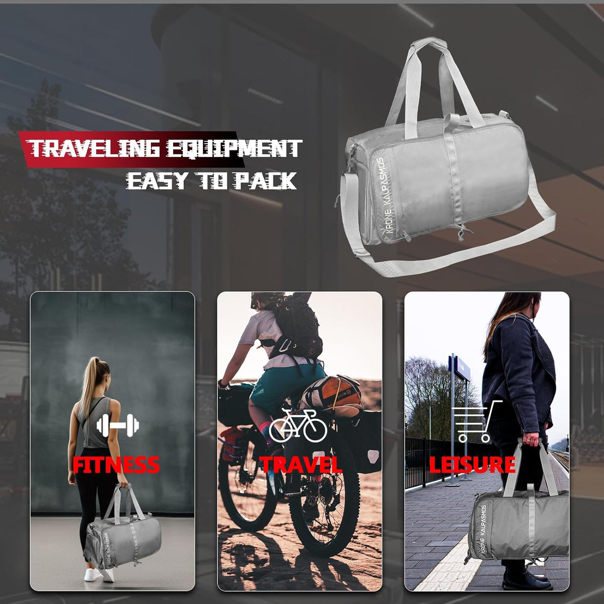Gym Bag with Shoe Compartment – Packable Duffle Bag, Small Gym Bag for Women and Men, Foldable Waterproof Sports Duffel for Travel, Workout, and Sneakers, Grey