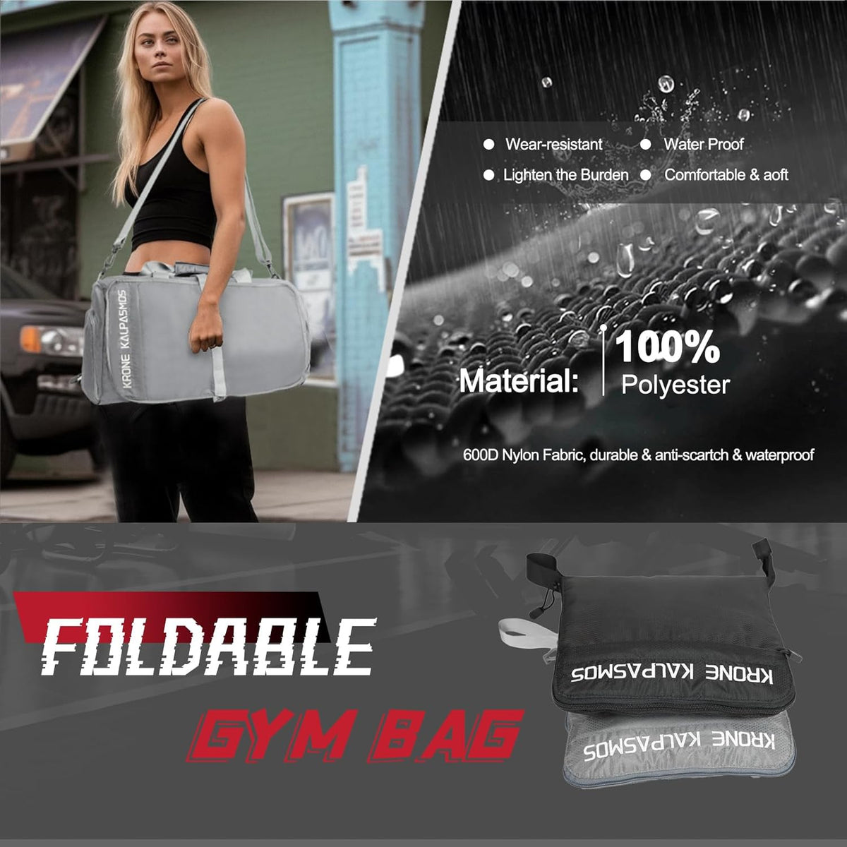 Gym Bag with Shoe Compartment – Packable Duffle Bag, Small Gym Bag for Women and Men, Foldable Waterproof Sports Duffel for Travel, Workout, and Sneakers, Grey