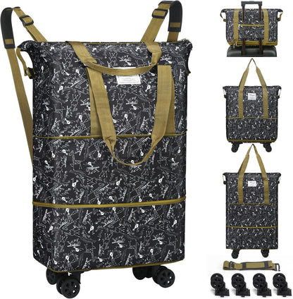 Duffel Bag with Wheels - Rolling Foldable Expandable Duffle Bag with Wheels for Travel, Rolling Luggage Carry On Bag with Wheels, Large Rolling Backpack Weekend Bags for Men Women (Black)