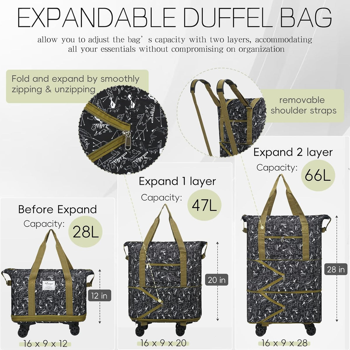 Duffel Bag with Wheels - Rolling Foldable Expandable Duffle Bag with Wheels for Travel, Rolling Luggage Carry On Bag with Wheels, Large Rolling Backpack Weekend Bags for Men Women (Black)