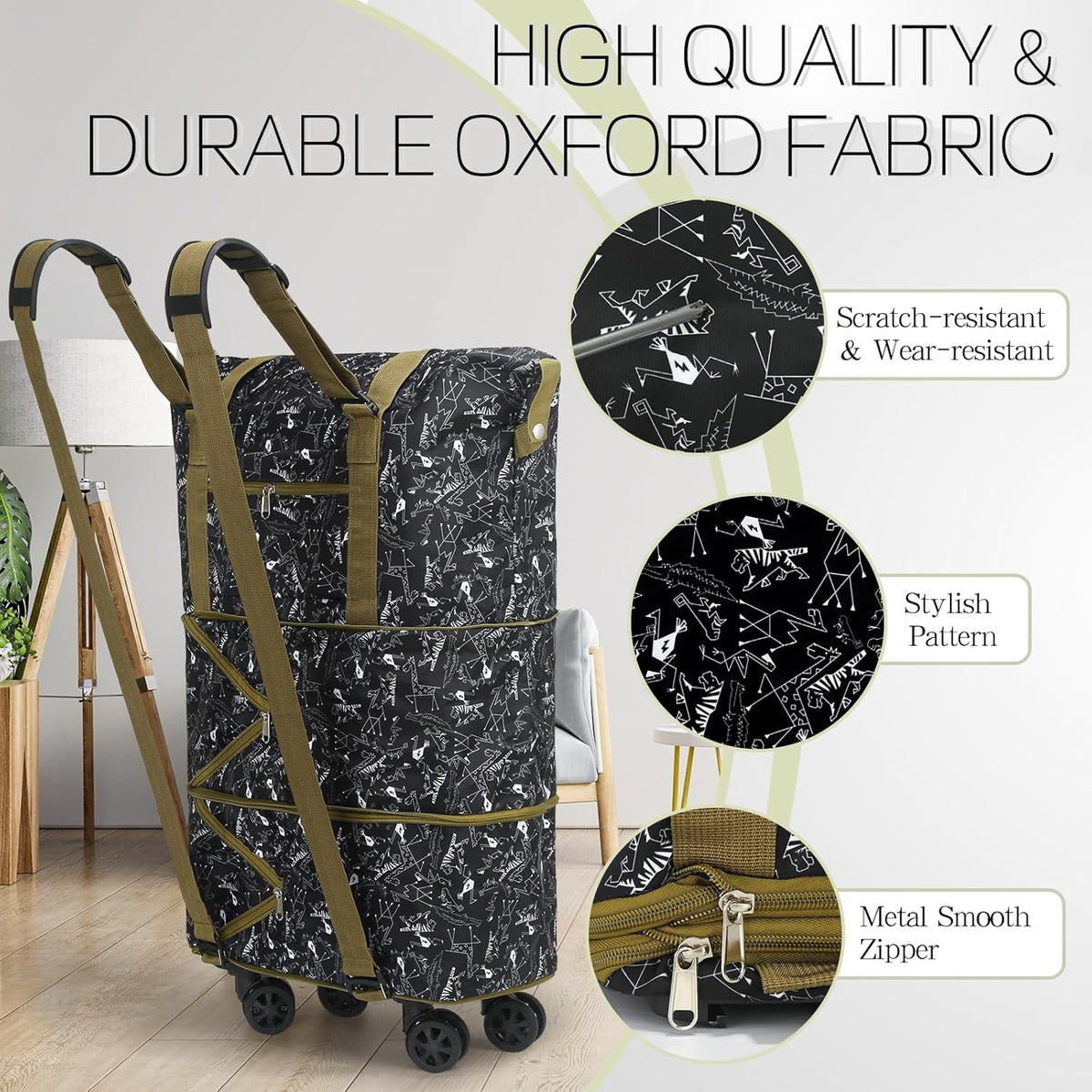 Duffel Bag with Wheels - Rolling Foldable Expandable Duffle Bag with Wheels for Travel, Rolling Luggage Carry On Bag with Wheels, Large Rolling Backpack Weekend Bags for Men Women (Black)
