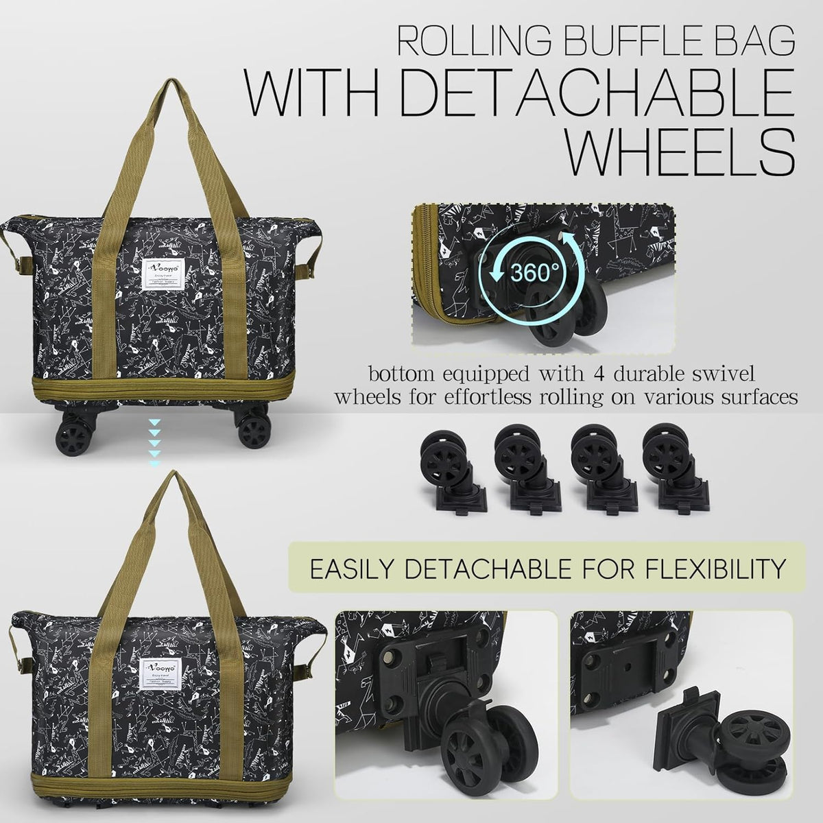 Duffel Bag with Wheels - Rolling Foldable Expandable Duffle Bag with Wheels for Travel, Rolling Luggage Carry On Bag with Wheels, Large Rolling Backpack Weekend Bags for Men Women (Black)