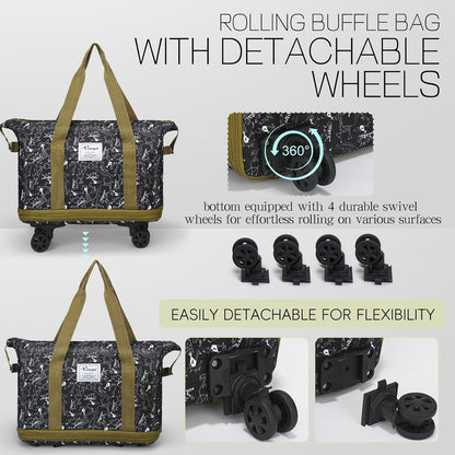 Duffel Bag with Wheels - Rolling Foldable Expandable Duffle Bag with Wheels for Travel, Rolling Luggage Carry On Bag with Wheels, Large Rolling Backpack Weekend Bags for Men Women (Black)