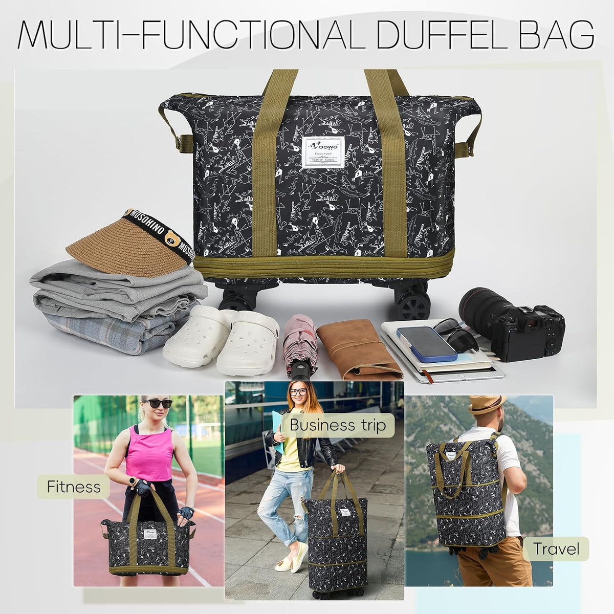 Duffel Bag with Wheels - Rolling Foldable Expandable Duffle Bag with Wheels for Travel, Rolling Luggage Carry On Bag with Wheels, Large Rolling Backpack Weekend Bags for Men Women (Black)