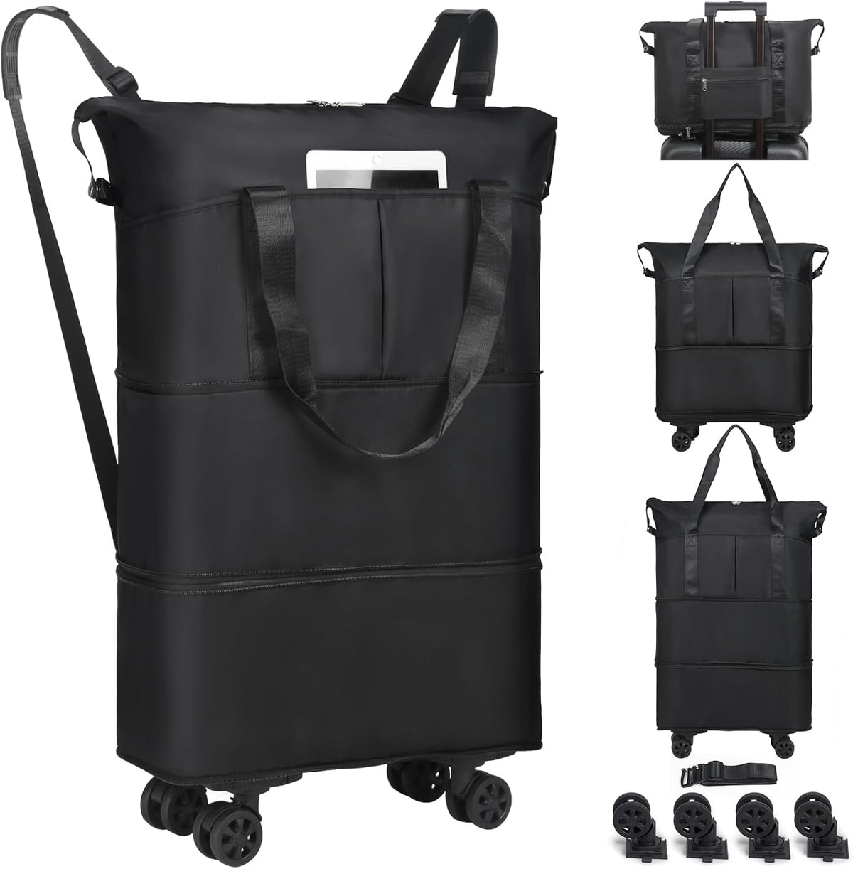 Duffel Bag with Wheels - Rolling Foldable Expandable Duffle Bag with Wheels for Travel, Rolling Luggage Carry On Bag with Wheels, Large Rolling Backpack Weekend Bags for Men Women (Black)