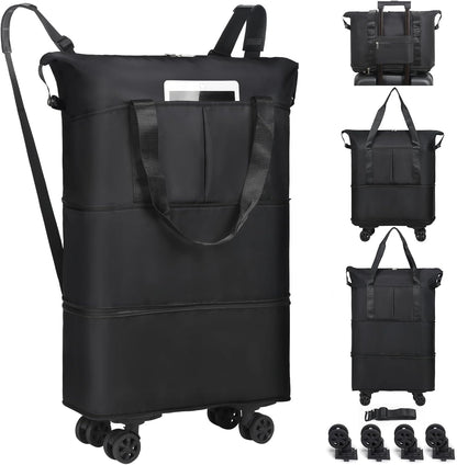 Duffel Bag with Wheels - Rolling Foldable Expandable Duffle Bag with Wheels for Travel, Rolling Luggage Carry On Bag with Wheels, Large Rolling Backpack Weekend Bags for Men Women (Black)