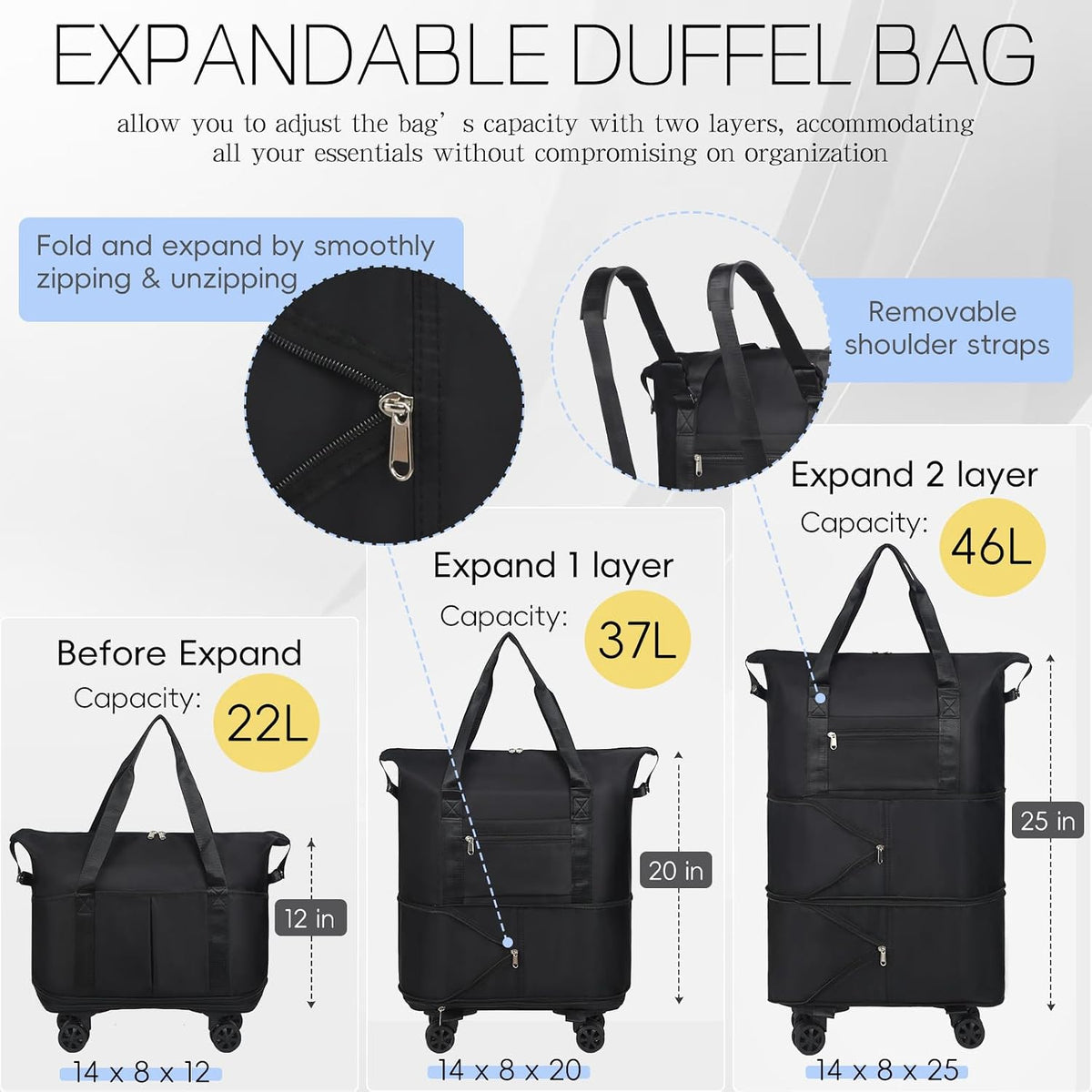 Duffel Bag with Wheels - Rolling Foldable Expandable Duffle Bag with Wheels for Travel, Rolling Luggage Carry On Bag with Wheels, Large Rolling Backpack Weekend Bags for Men Women (Black)