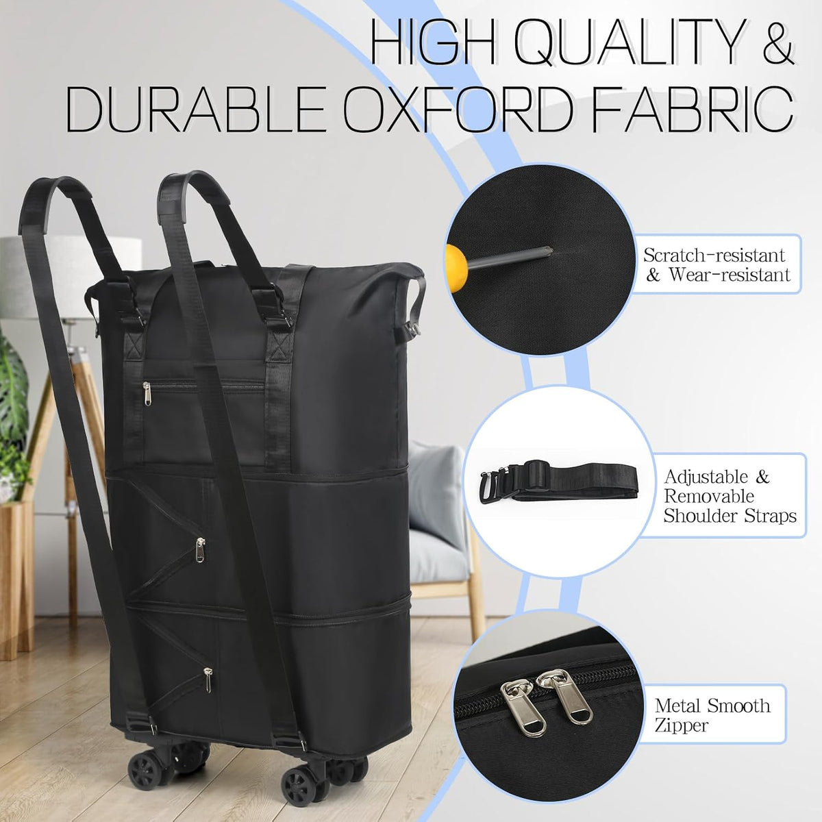 Duffel Bag with Wheels - Rolling Foldable Expandable Duffle Bag with Wheels for Travel, Rolling Luggage Carry On Bag with Wheels, Large Rolling Backpack Weekend Bags for Men Women (Black)