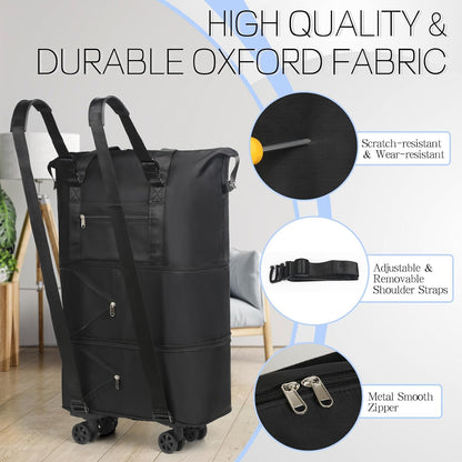 Duffel Bag with Wheels - Rolling Foldable Expandable Duffle Bag with Wheels for Travel, Rolling Luggage Carry On Bag with Wheels, Large Rolling Backpack Weekend Bags for Men Women (Black)
