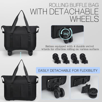 Duffel Bag with Wheels - Rolling Foldable Expandable Duffle Bag with Wheels for Travel, Rolling Luggage Carry On Bag with Wheels, Large Rolling Backpack Weekend Bags for Men Women (Black)