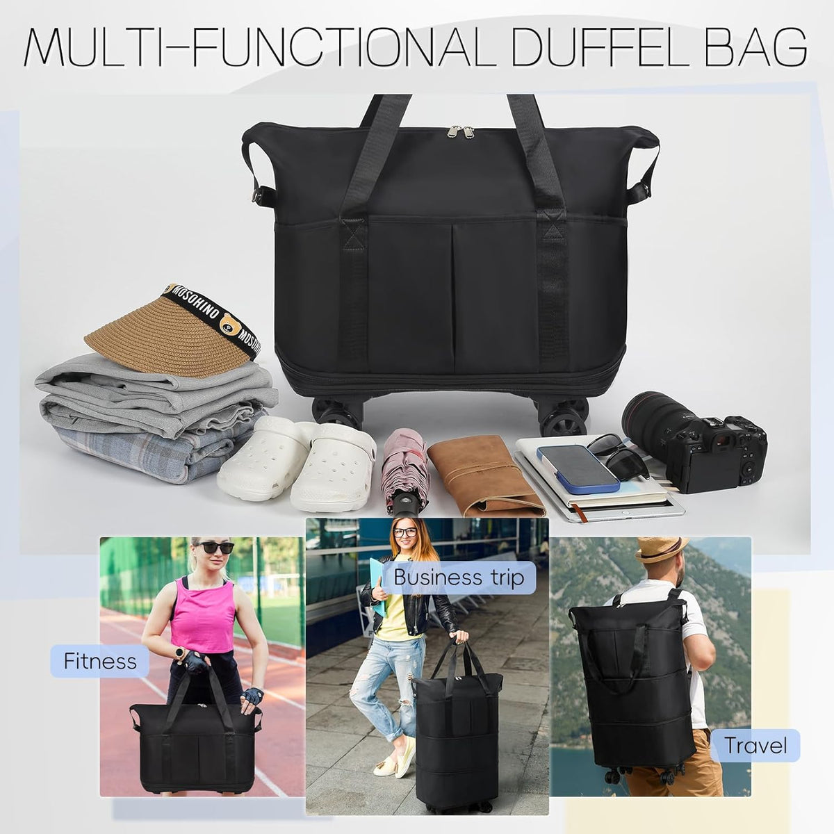 Duffel Bag with Wheels - Rolling Foldable Expandable Duffle Bag with Wheels for Travel, Rolling Luggage Carry On Bag with Wheels, Large Rolling Backpack Weekend Bags for Men Women (Black)