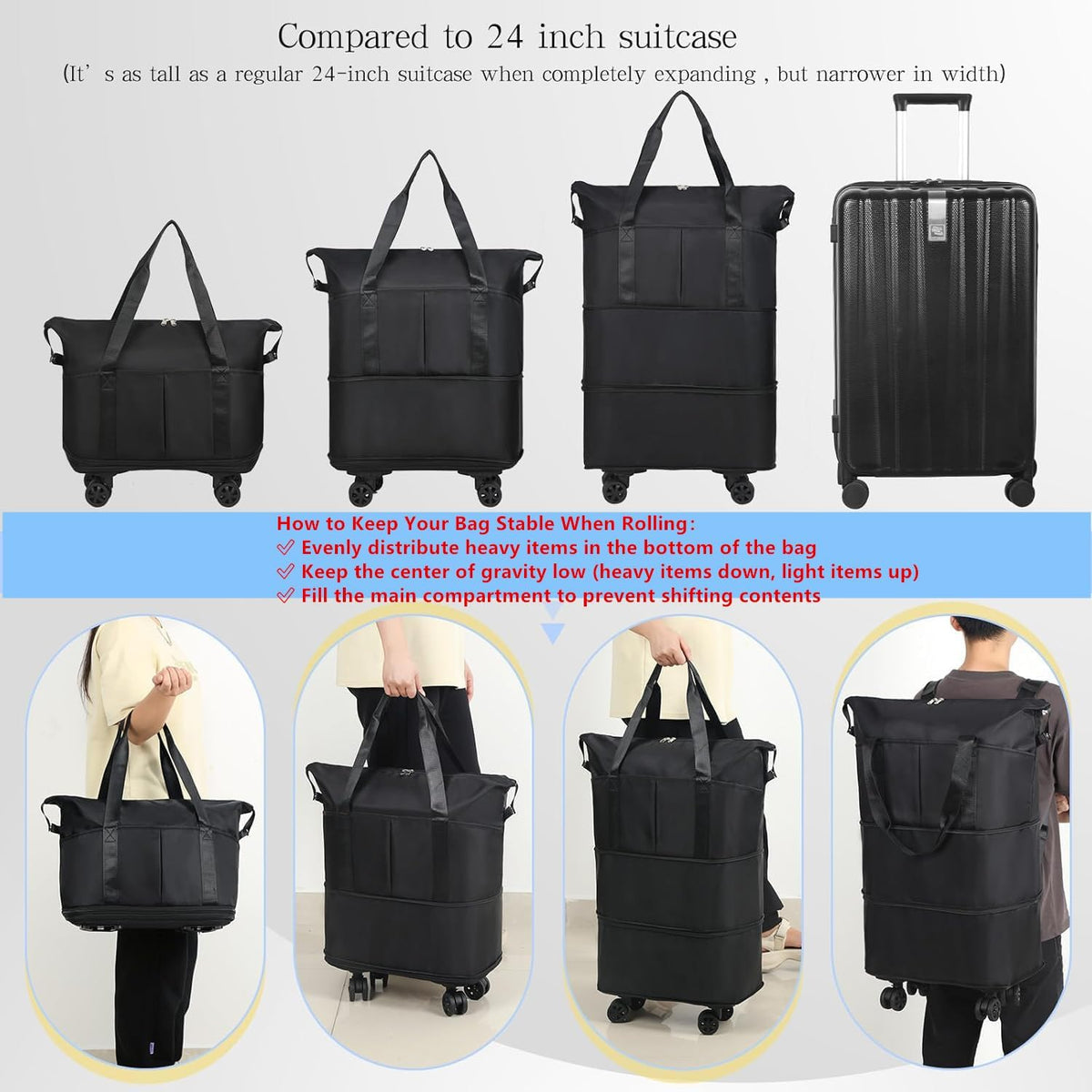 Duffel Bag with Wheels - Rolling Foldable Expandable Duffle Bag with Wheels for Travel, Rolling Luggage Carry On Bag with Wheels, Large Rolling Backpack Weekend Bags for Men Women (Black)