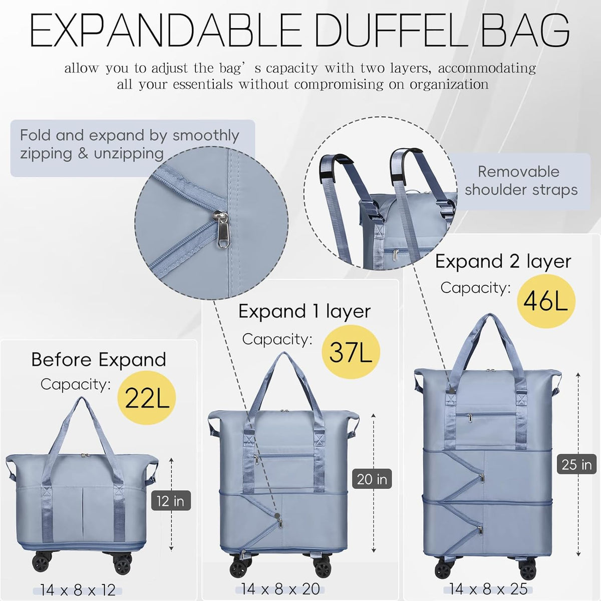 Duffel Bag with Wheels - Rolling Foldable Expandable Duffle Bag with Wheels for Travel, Rolling Luggage Carry On Bag with Wheels, Large Rolling Backpack Weekend Bags for Men Women (Black)