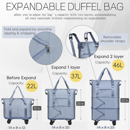 Duffel Bag with Wheels - Rolling Foldable Expandable Duffle Bag with Wheels for Travel, Rolling Luggage Carry On Bag with Wheels, Large Rolling Backpack Weekend Bags for Men Women (Black)