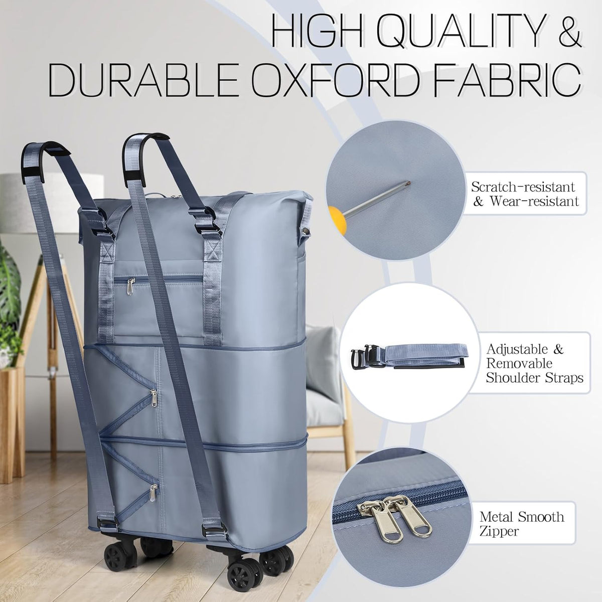 Duffel Bag with Wheels - Rolling Foldable Expandable Duffle Bag with Wheels for Travel, Rolling Luggage Carry On Bag with Wheels, Large Rolling Backpack Weekend Bags for Men Women (Black)