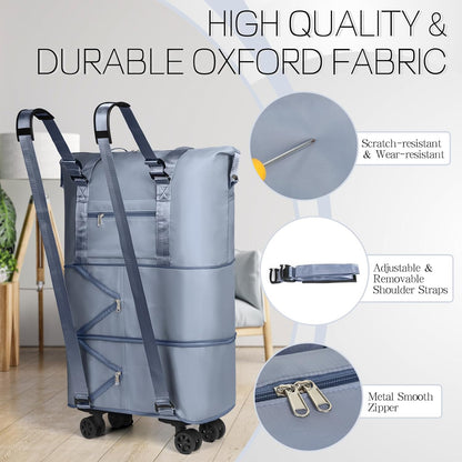 Duffel Bag with Wheels - Rolling Foldable Expandable Duffle Bag with Wheels for Travel, Rolling Luggage Carry On Bag with Wheels, Large Rolling Backpack Weekend Bags for Men Women (Black)