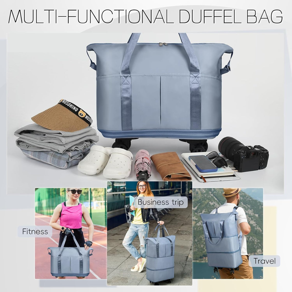 Duffel Bag with Wheels - Rolling Foldable Expandable Duffle Bag with Wheels for Travel, Rolling Luggage Carry On Bag with Wheels, Large Rolling Backpack Weekend Bags for Men Women (Black)