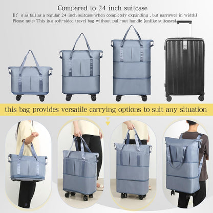 Duffel Bag with Wheels - Rolling Foldable Expandable Duffle Bag with Wheels for Travel, Rolling Luggage Carry On Bag with Wheels, Large Rolling Backpack Weekend Bags for Men Women (Black)