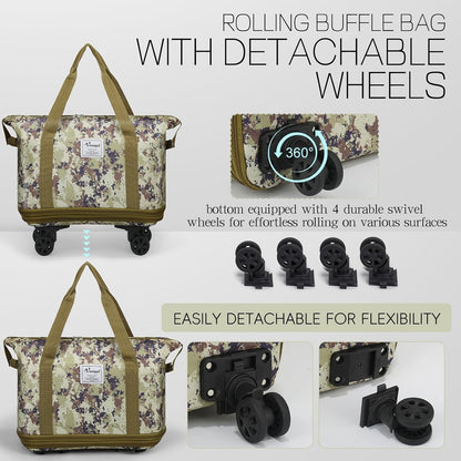 Duffel Bag with Wheels - Rolling Foldable Expandable Duffle Bag with Wheels for Travel, Rolling Luggage Carry On Bag with Wheels, Large Rolling Backpack Weekend Bags for Men Women (Black)
