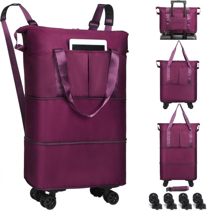 Duffel Bag with Wheels - Rolling Foldable Expandable Duffle Bag with Wheels for Travel, Rolling Luggage Carry On Bag with Wheels, Large Rolling Backpack Weekend Bags for Men Women (Black)