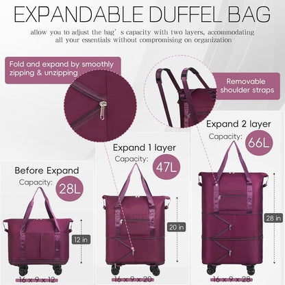Duffel Bag with Wheels - Rolling Foldable Expandable Duffle Bag with Wheels for Travel, Rolling Luggage Carry On Bag with Wheels, Large Rolling Backpack Weekend Bags for Men Women (Black)