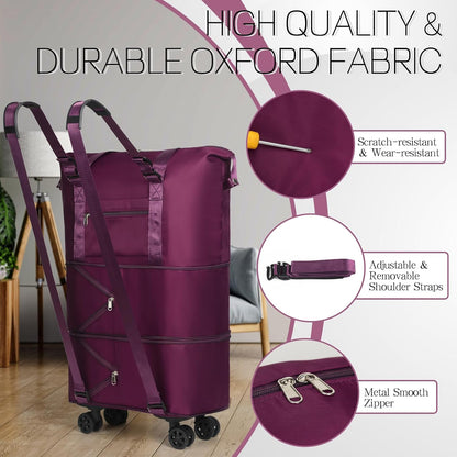 Duffel Bag with Wheels - Rolling Foldable Expandable Duffle Bag with Wheels for Travel, Rolling Luggage Carry On Bag with Wheels, Large Rolling Backpack Weekend Bags for Men Women (Black)