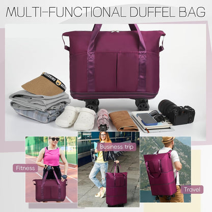 Duffel Bag with Wheels - Rolling Foldable Expandable Duffle Bag with Wheels for Travel, Rolling Luggage Carry On Bag with Wheels, Large Rolling Backpack Weekend Bags for Men Women (Black)