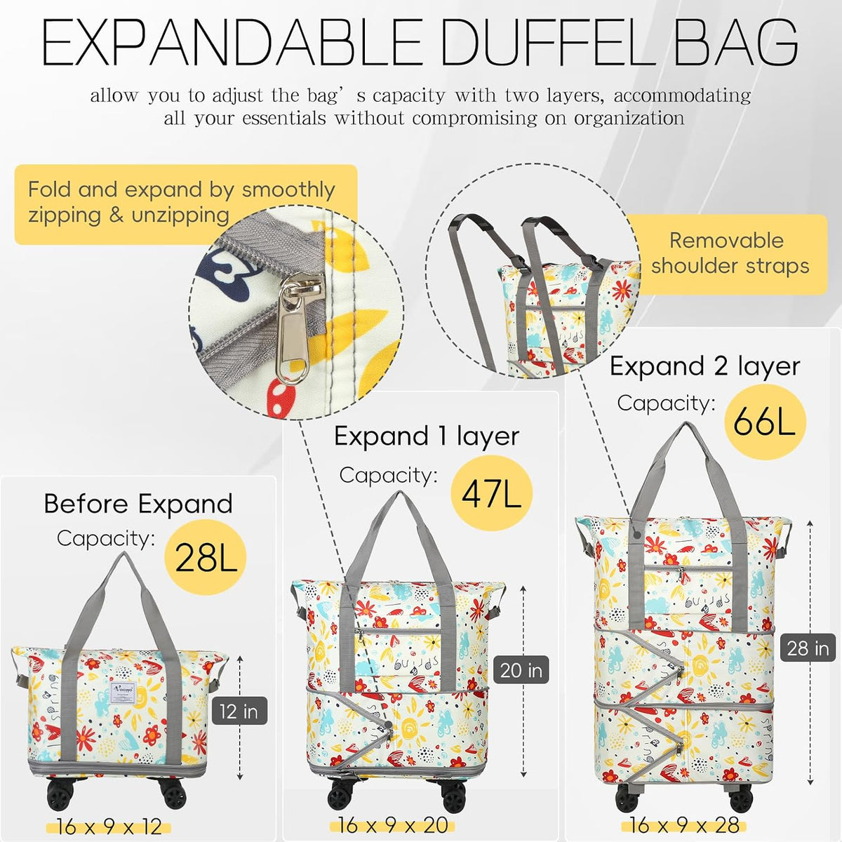 Duffel Bag with Wheels - Rolling Foldable Expandable Duffle Bag with Wheels for Travel, Rolling Luggage Carry On Bag with Wheels, Large Rolling Backpack Weekend Bags for Men Women (Black)