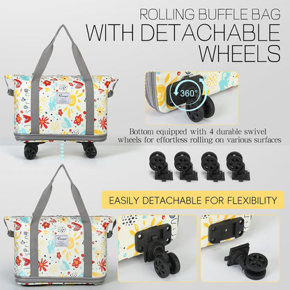 Duffel Bag with Wheels - Rolling Foldable Expandable Duffle Bag with Wheels for Travel, Rolling Luggage Carry On Bag with Wheels, Large Rolling Backpack Weekend Bags for Men Women (Black)