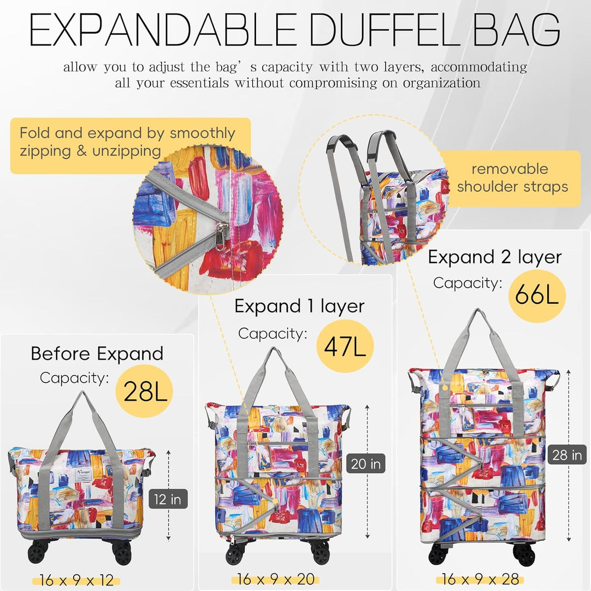 Duffel Bag with Wheels - Rolling Foldable Expandable Duffle Bag with Wheels for Travel, Rolling Luggage Carry On Bag with Wheels, Large Rolling Backpack Weekend Bags for Men Women (Black)