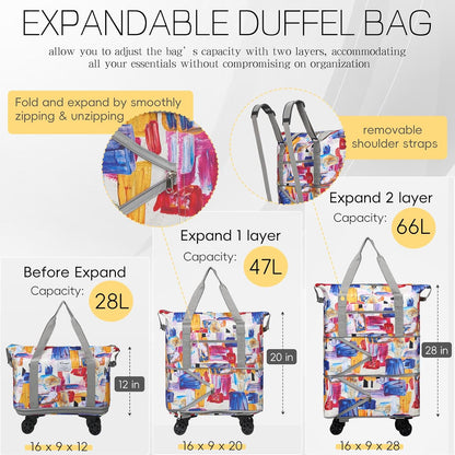Duffel Bag with Wheels - Rolling Foldable Expandable Duffle Bag with Wheels for Travel, Rolling Luggage Carry On Bag with Wheels, Large Rolling Backpack Weekend Bags for Men Women (Black)