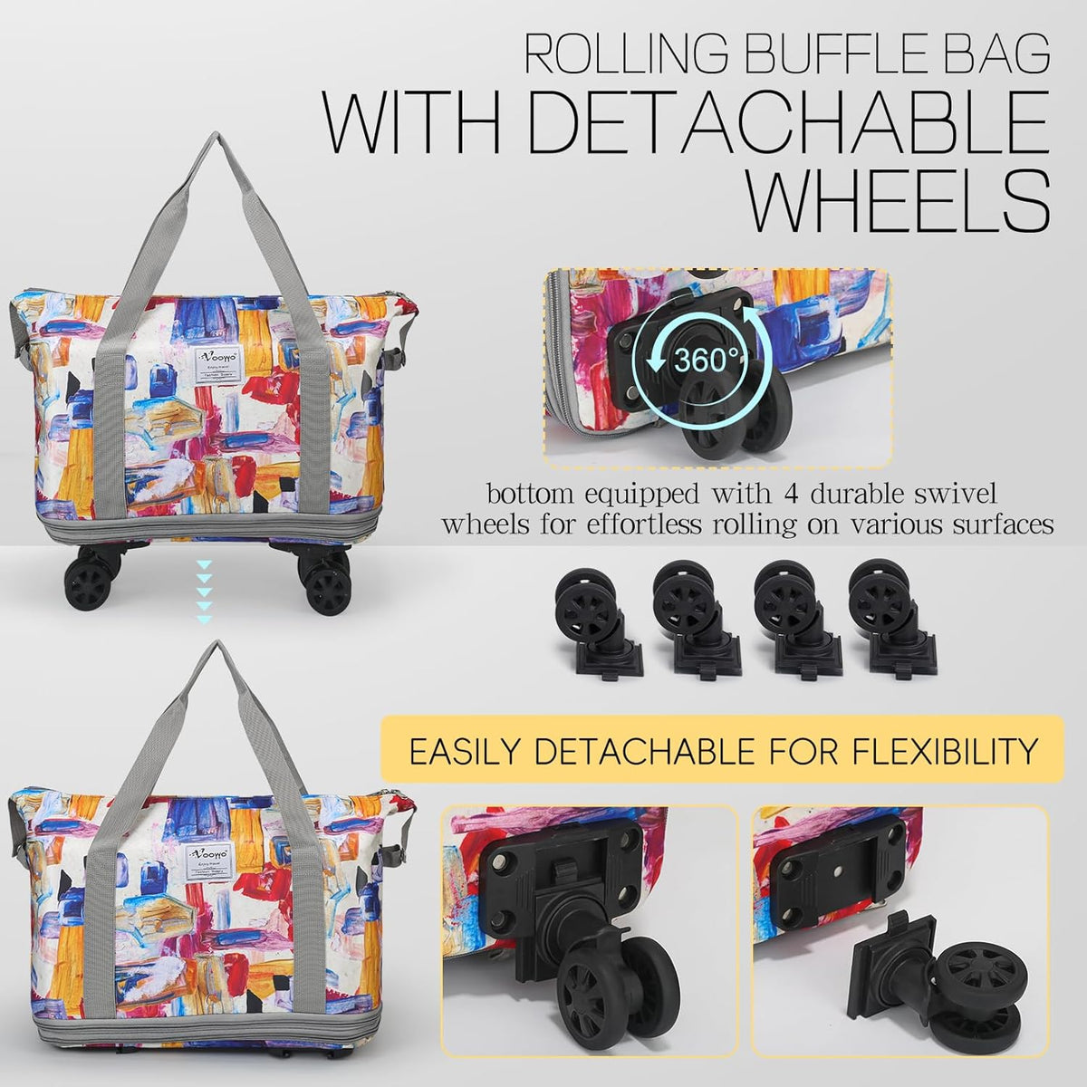 Duffel Bag with Wheels - Rolling Foldable Expandable Duffle Bag with Wheels for Travel, Rolling Luggage Carry On Bag with Wheels, Large Rolling Backpack Weekend Bags for Men Women (Black)